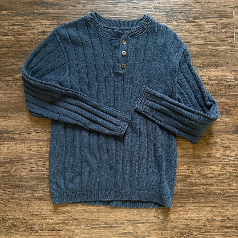Haggar Men's Henley Sweater Large Navy Melange Ribbed Knit Long Sleeve Blue - Picture 2 of 5